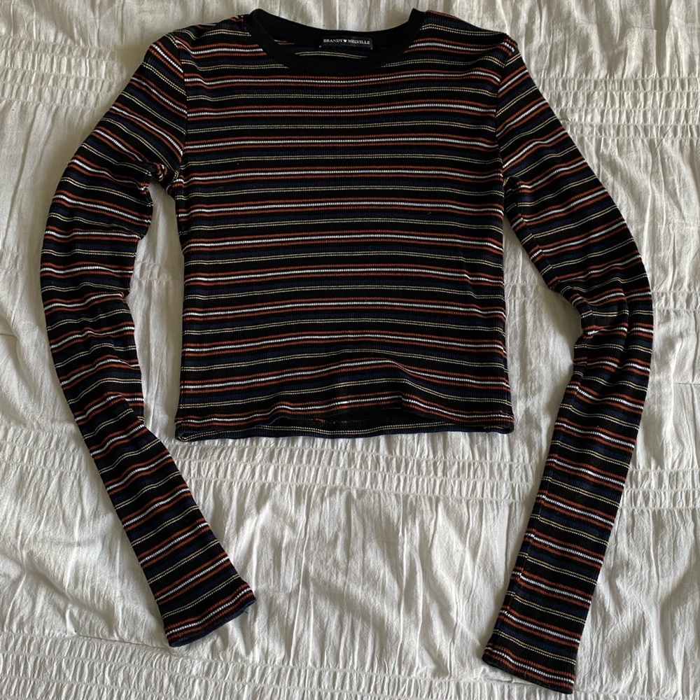 BRANDY MELVILLE Striped Long Sleeve Cropped Fitted T-shirt One Size